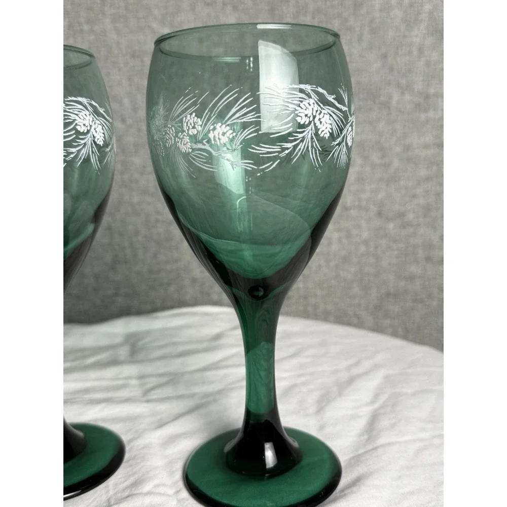 2 - Vintage Libbey Juniper Green Water‎ Pinecone Wine Goblets Glass Teardrop